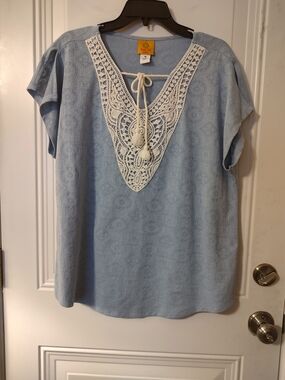 Ruby Rd. Light Blue Crochet V-Neck Tunic with White Lace